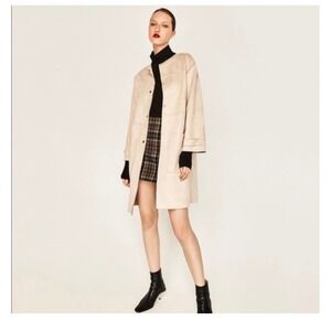 Zara‎ Beige Suede Collarless Long Coat Jacket Women M